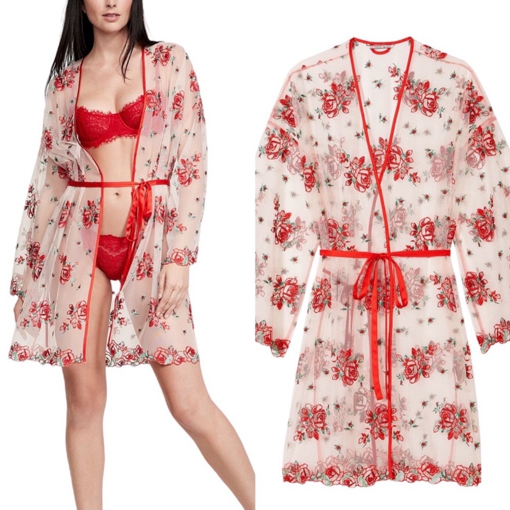 NEW Victoria's Secret Sexy Red Floral Embroidered Sheer Robe Beach Cover 🌹 XS/S